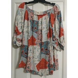 Womens BiBi Top Blouse Medium Floral Pullover Round Neck Boho Hippie Loose Fit